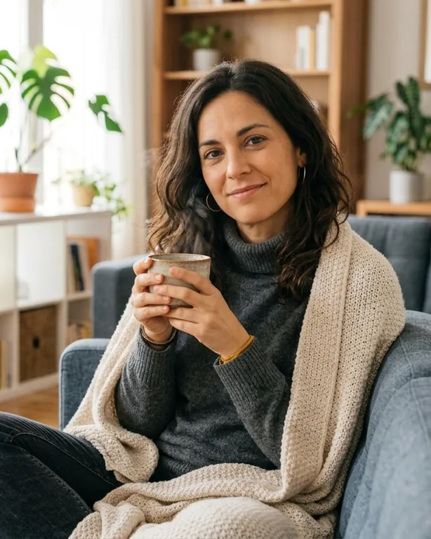 Propietaria relajada en su sofá con una taza