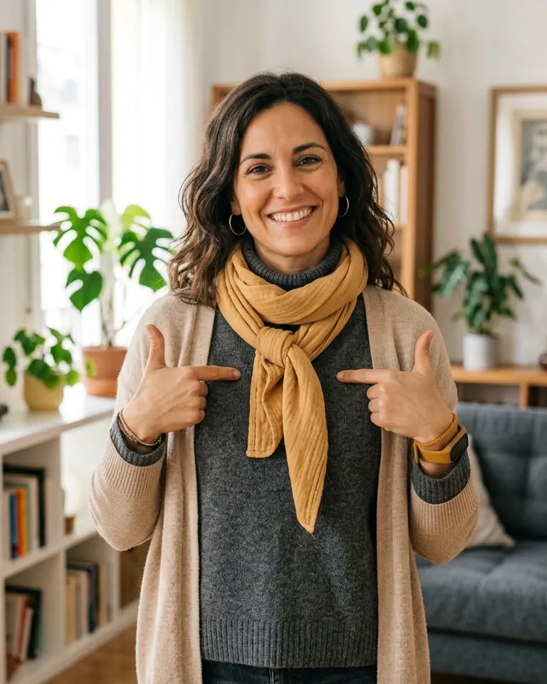 Propietaria sonriente señalándose a sí misma